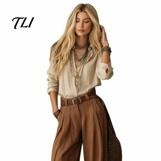 Casual Matching Sets Women Two Piece Set for Fall, V Neck Collared Shirt & Wide Leg Pants, Loose Fit Trousers Autumn Outfits Suit
