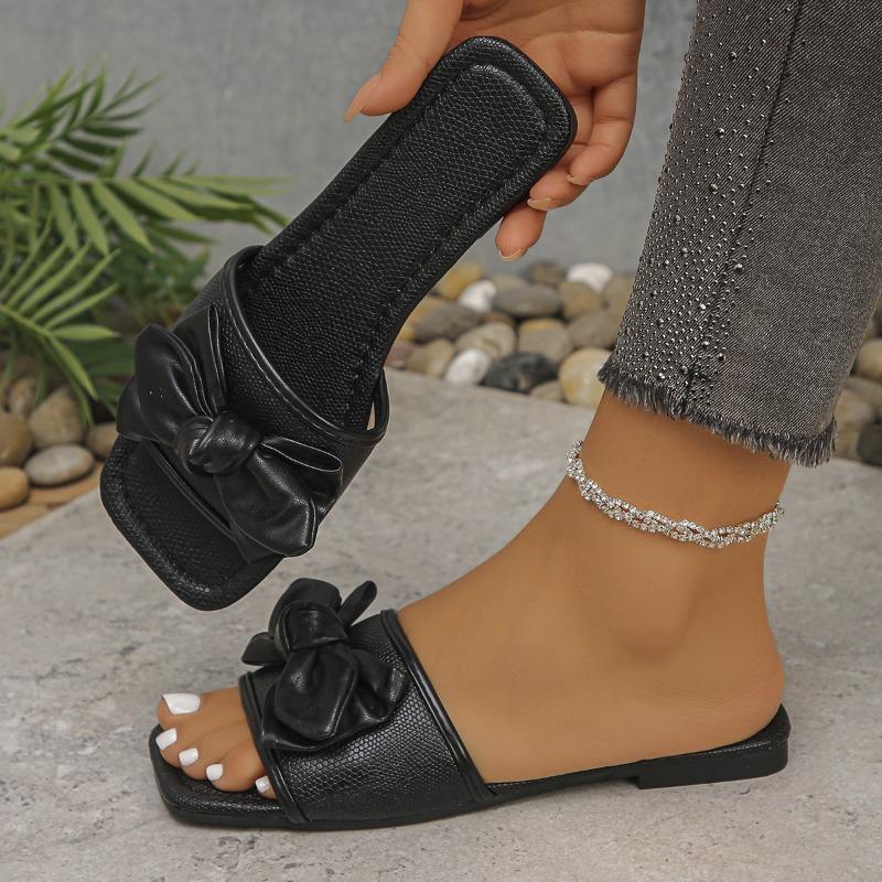 Foreign Trade Large Size Bow Flat Slipper Women Wear European and American Square Toe Comfortable Beach Shoes in Summer