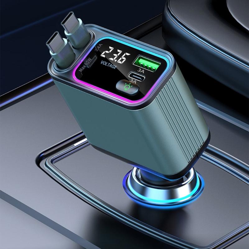 65W Car Phone Charger with Double Type C & USB Port Retractable Cables & LED Electric Display Aluminum PC ABS for Vehicle