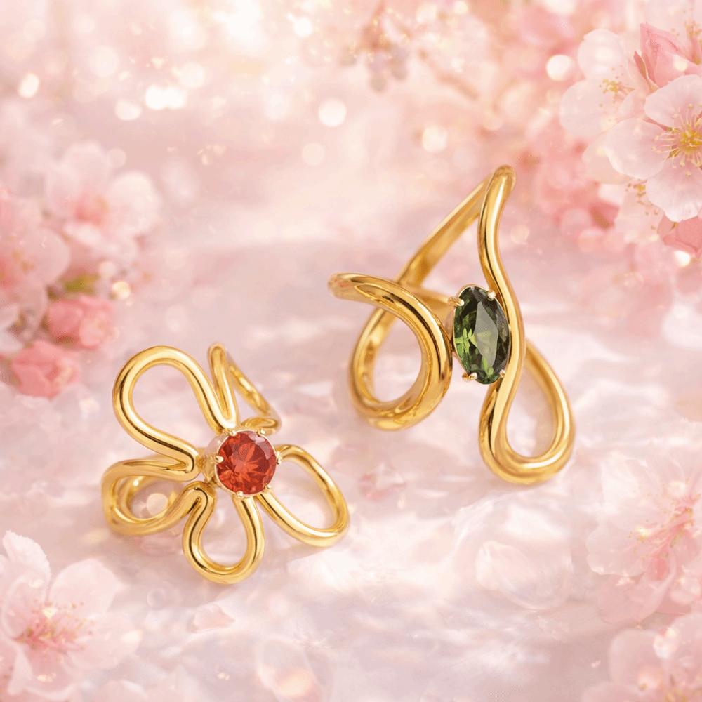 Red Zircon Irregular Stainless Steel Rings Women Hollow Adjustable Rings  Women Accessories