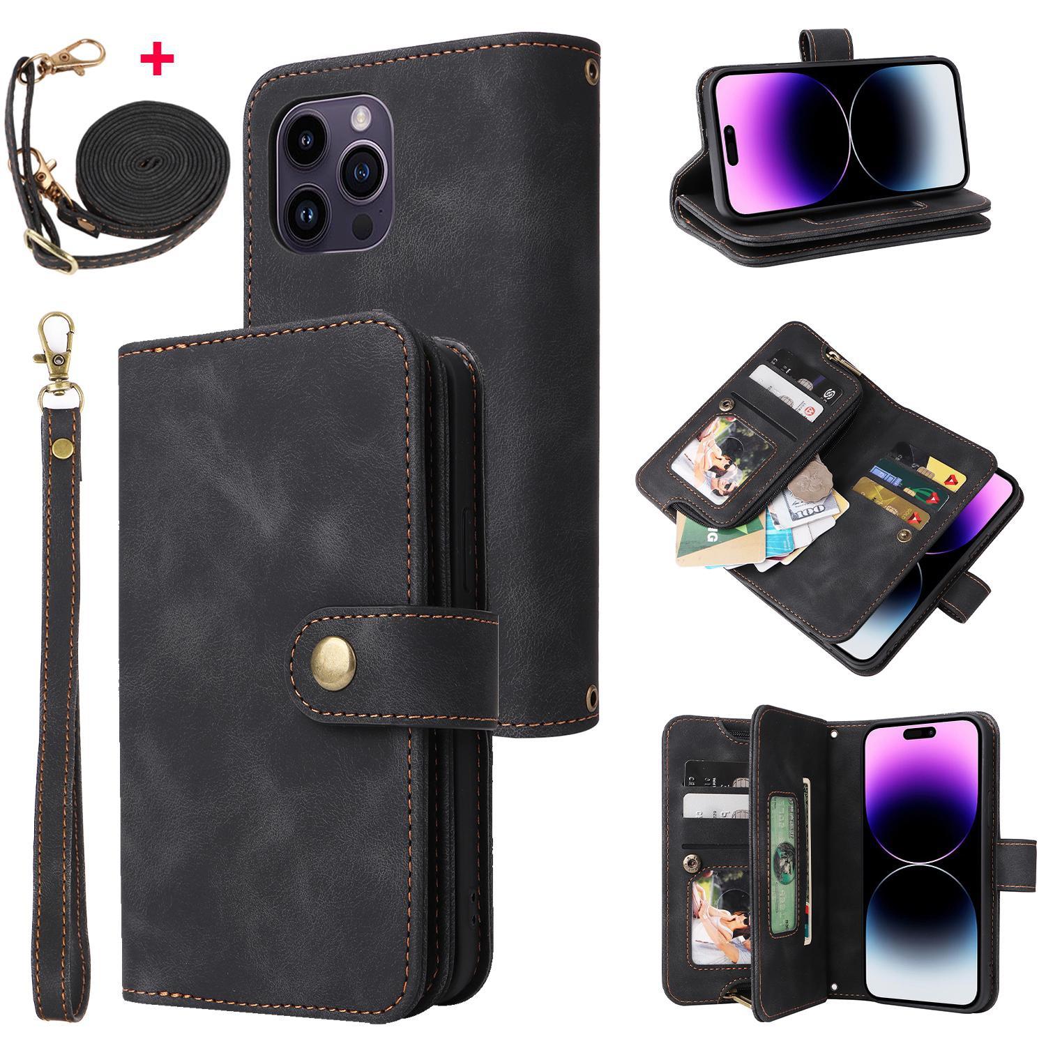 

Кошелек кожаный на молнии кошелек с несколькими отделениями для карт сумка-чехол через плечо для iPhone 15 14 Plus 12 13 11 Pro Max для Samsung S23 S22 S21 S20 Ultra Plus iPhone 6/6S чёрный