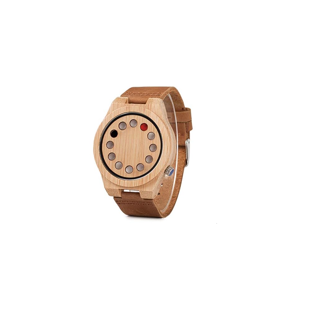 Bobo Bird Men's Bamboo Watch Black Leather Strap 12-Hole Timer Design Sports Casual Timepiece Brown Cat Eye Classic