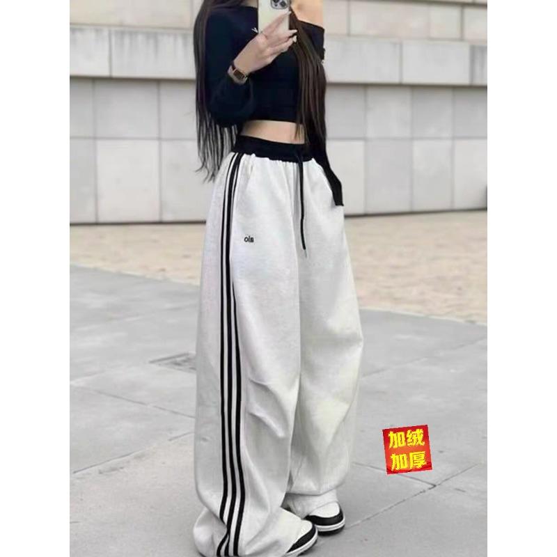 

Контрастные спортивные штаны с боковыми полосками, ретро, с тремя полосками, прямые, шаровары, женские, осенне-зимние, бархатные, утолщенные, брюки-бананы S