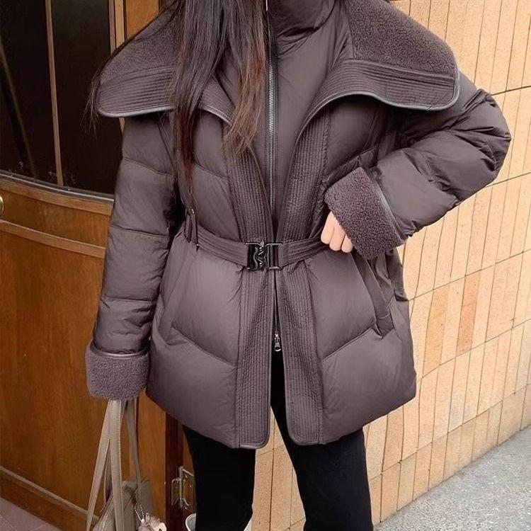 Winter Jacket Coat Female Parkas Fashion Lamb Wool Double Collar Short Belt Warm Down Cotton Jacket Women Outerwear Top