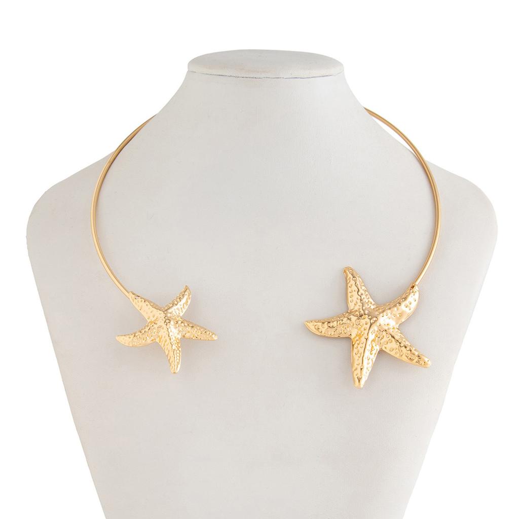 Ocean Inspired Metal Flower/Starfish Open Collar Necklace Adjustable Neckchain Handmade Clavicle Chain Accessories