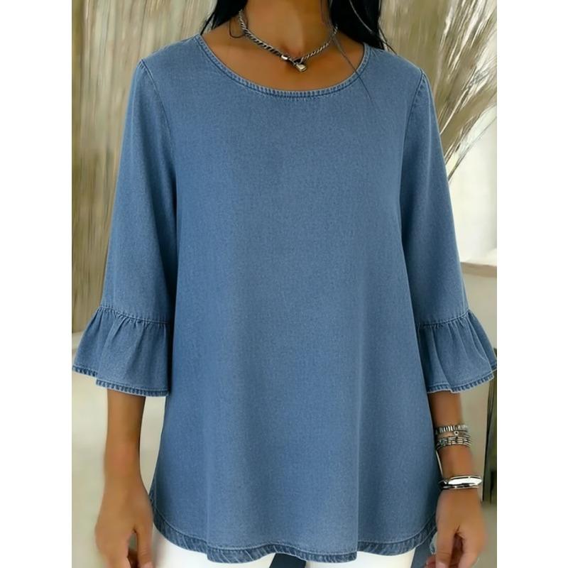 IHUASU Women's Fashion Casual Solid Color Print 3/4 Sleeves O-Neck Blouses & Shirts