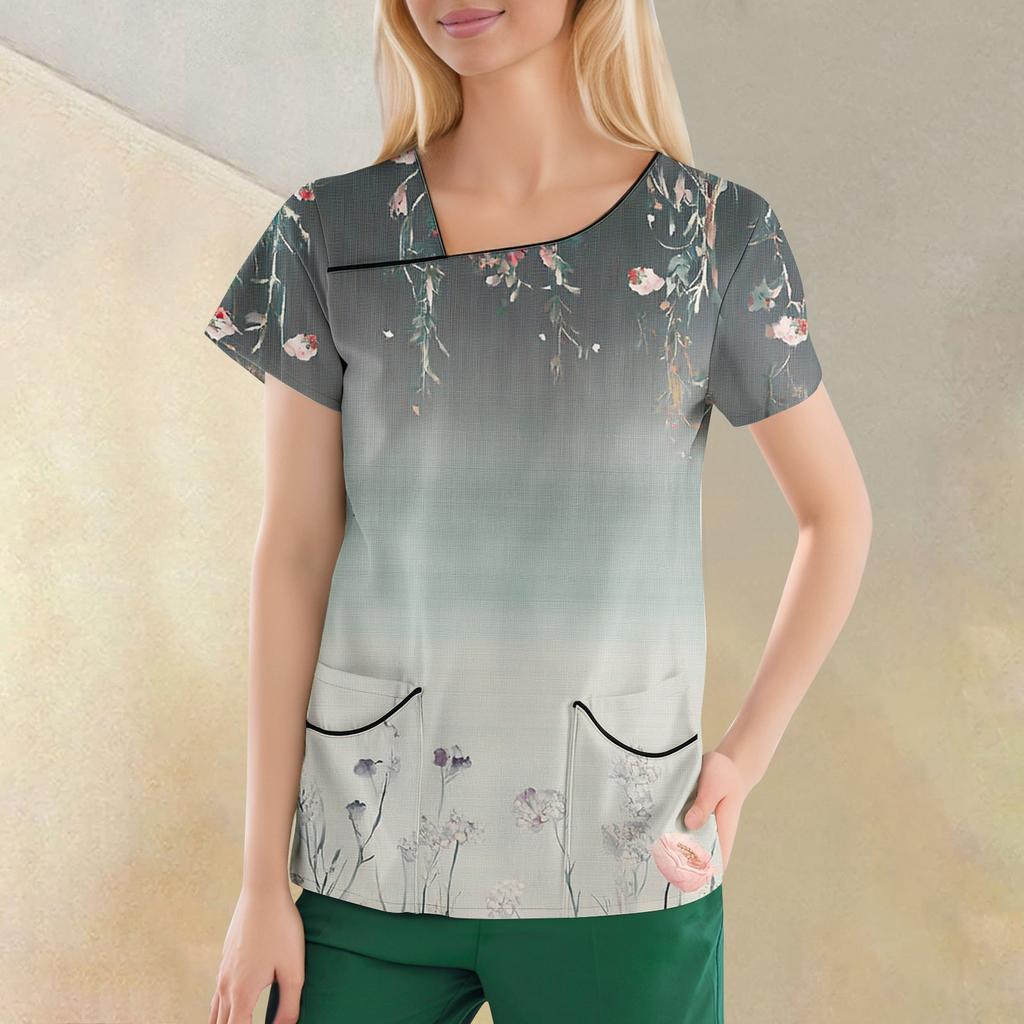 Women's Casual  Print Short Sleeve Sloping Collar Workwear Top With Double Pockets