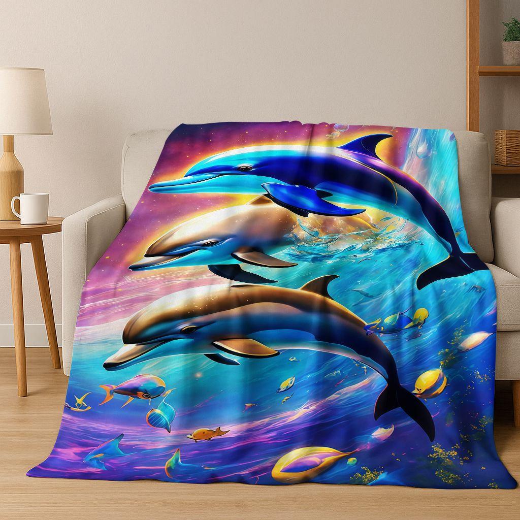 Dream Underwater World Sea Dolphin Turtle Coral Art Flannel Blanket,Cozy Soft Throw Blanket for Home Bedroom Bed Sofa Gift Kids