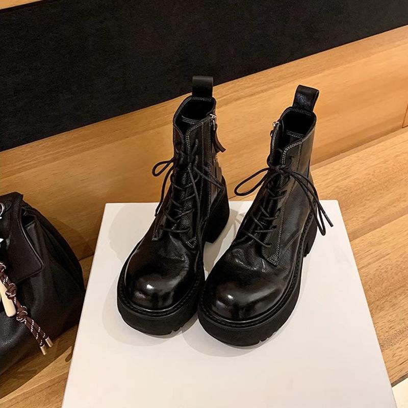 Cowhide Version Leg Essence Spice Girl Heavy Shrinkage Cowhide Lace-up Side Zipper Thick Heel Short Boots Locomotive Outdoor Martin Boots Women