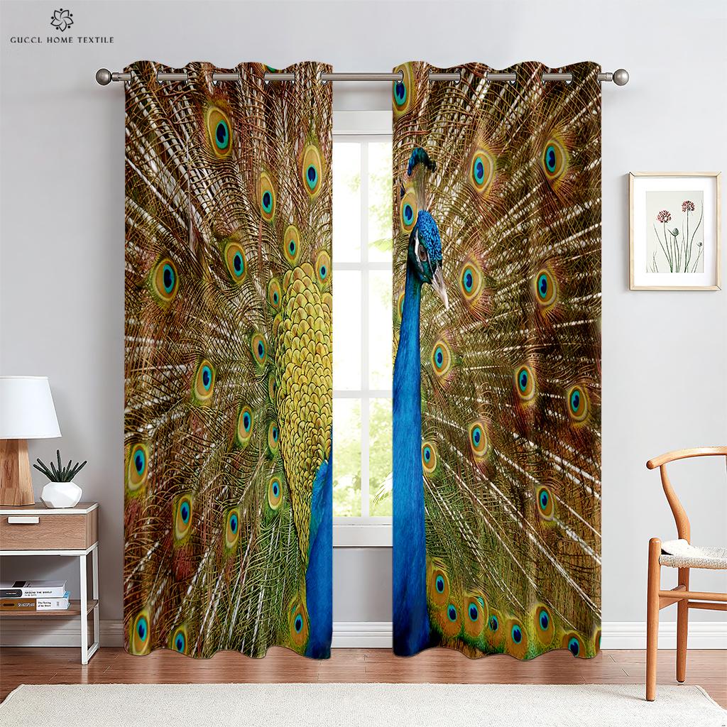 Vintage Peacock 3D-utskrift vindusgardiner, stanglomme, soverom, stue, kjøkkeninnredning, kan tilpasses, 2 stk.