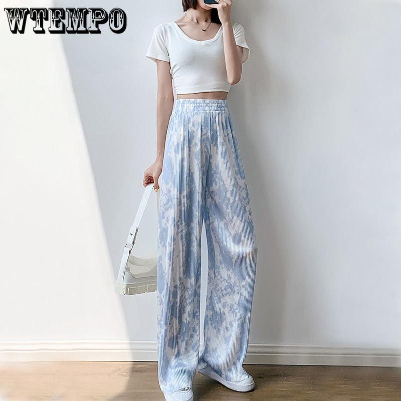 

Женские летние брюки с драпировкой и высокой талией, широкие брюки из ледяного шелка с принтом тай-дай, очевидные тонкие прямые повседневные брюки