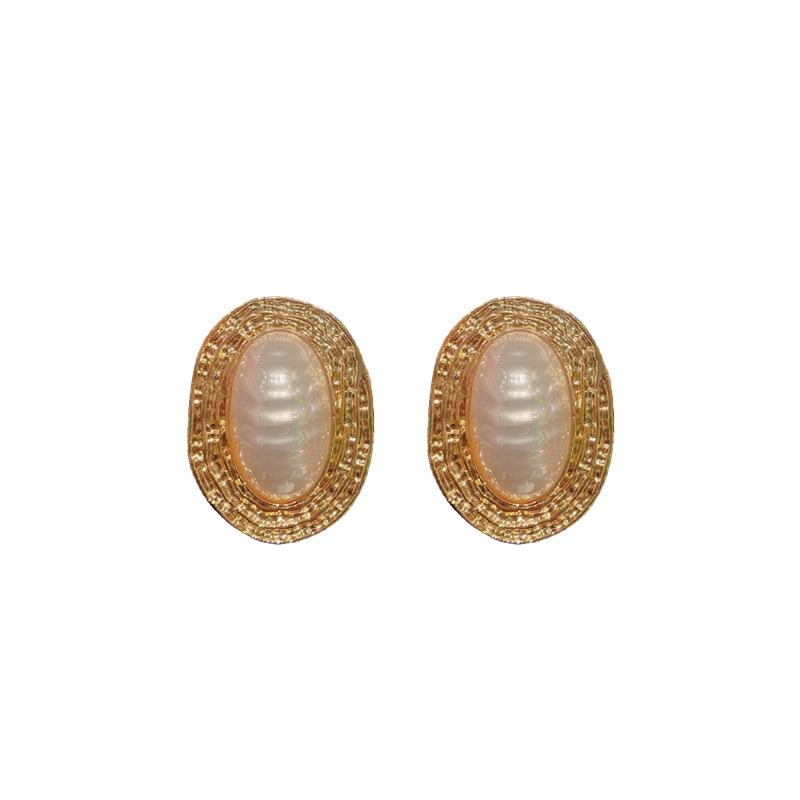 Silver needle pearl striped oval earrings French exaggerated court style stud earrings retro high-end temperament earrings