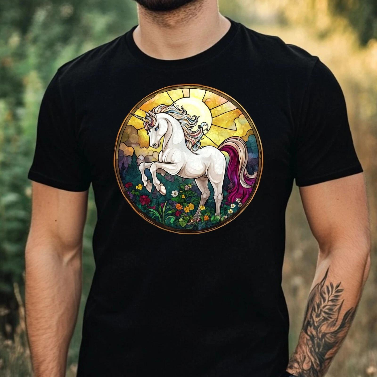 T-Shirt Herren Einhorn Buntglas Motiv Baumwolle Größe XS bis 5XL XXXL