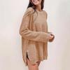 2025 European & American Waffle Knit Round Neck Long Sleeve Slit Solid Color Top for Women