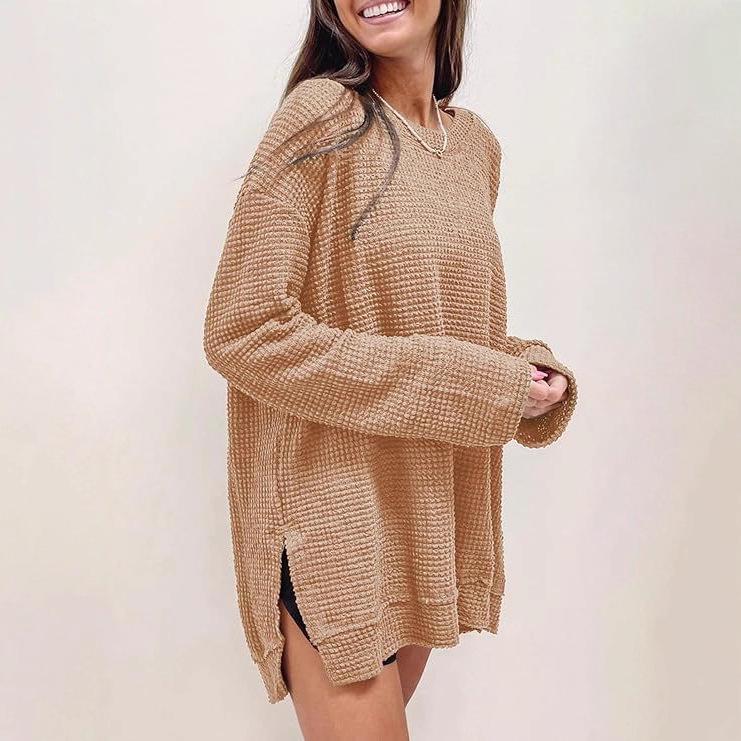 2025 European & American Waffle Knit Round Neck Long Sleeve Slit Solid Color Top for Women