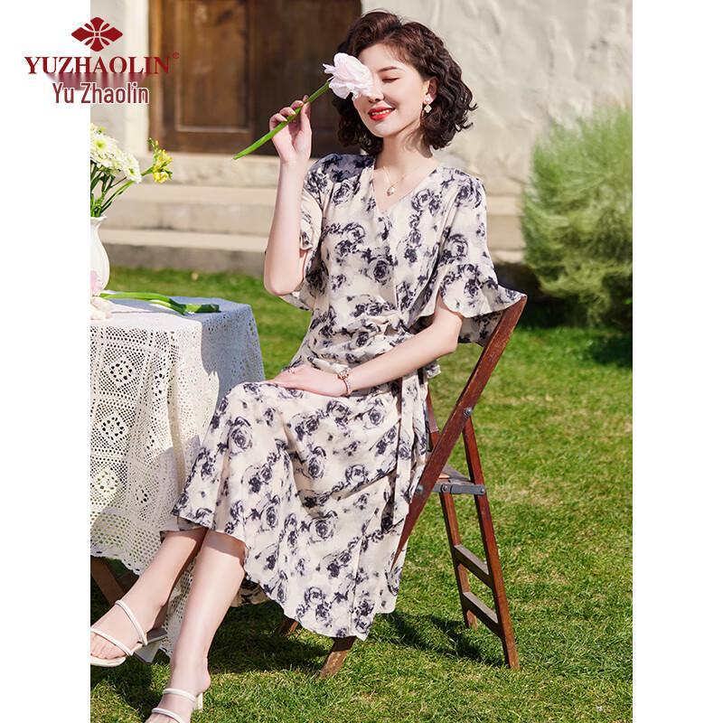 Yu Zhaolin Women's Short Sleeve Floral A-Line Dress