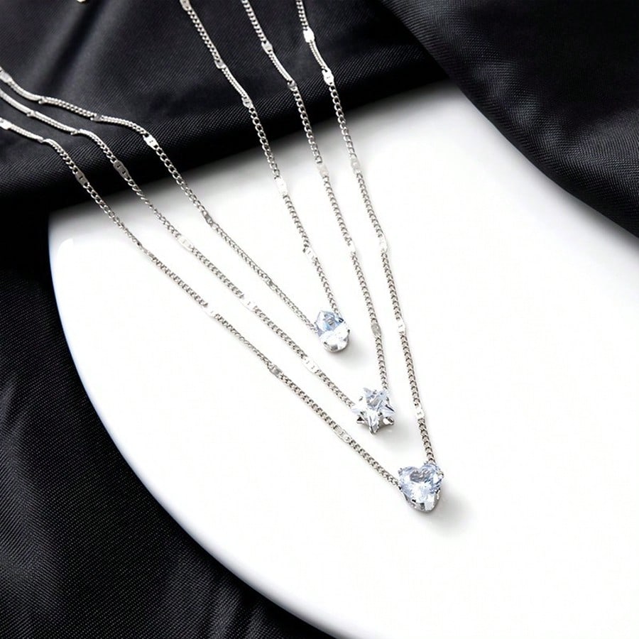 

1 Unit Ladies Tiered Crystal Necklace: Elegant Heart Chain And Star Chain, Ideal For Festival Celebrations, Formal Events Wear
