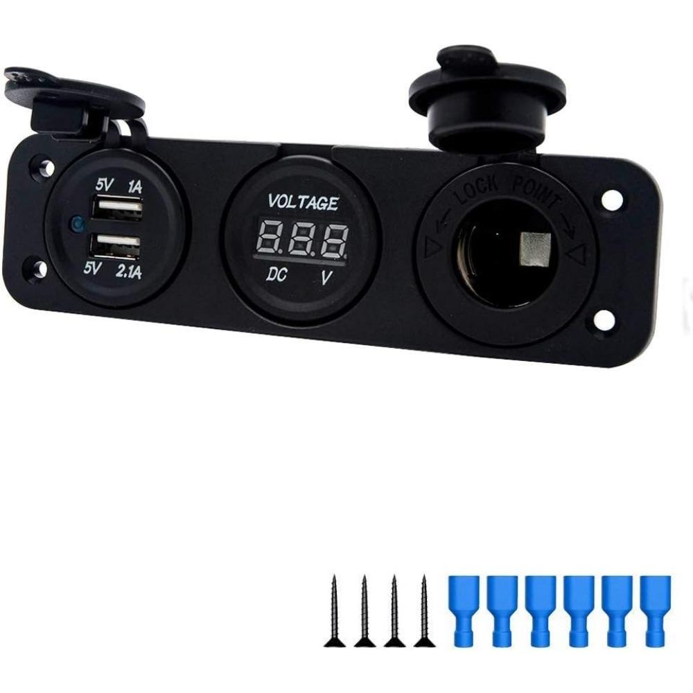 Dual USB Socket Charger + LED Voltmeter + 12V / 24V Power Outlet 3 In 1 Multi-function Three Hole Panel for Truck Trailer Boat Camper Motorhome