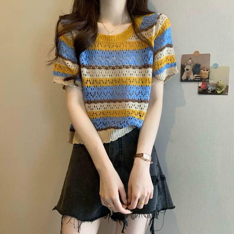 Hollow Out Color Striped Short Sleeved Knitted Sweater for Women French Style Slimming Top