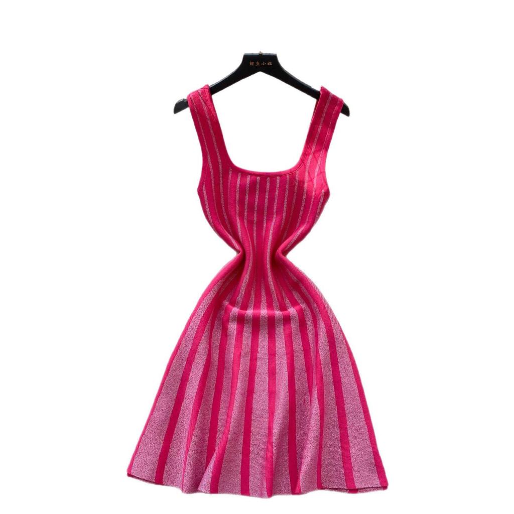Knitted Dress Women's Summer New High-end Square Neck Sleeveless Suspender Waist Bright A-word Short Skirt