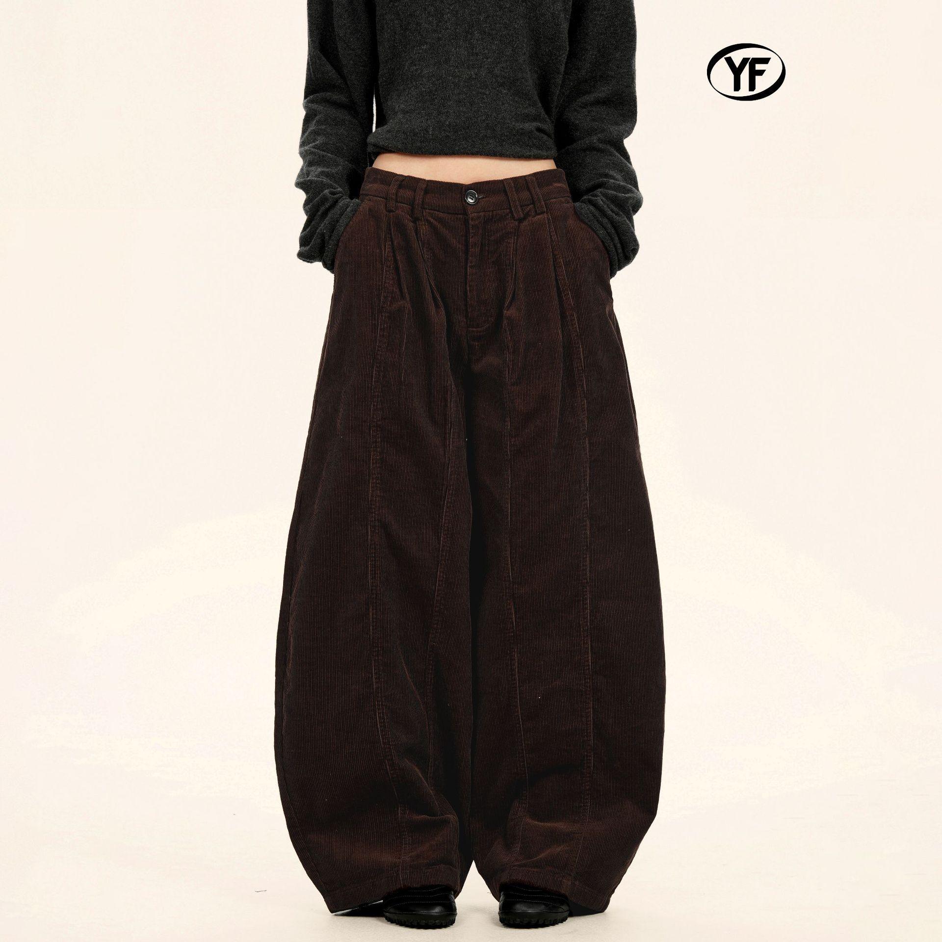 

Yongfang Unisex Retro Corduroy Wide-Leg Pants - Autumn/Winter Loose Street Style with Trendy Pleats and Scissor-Cut Design S темно-коричневого кольору
