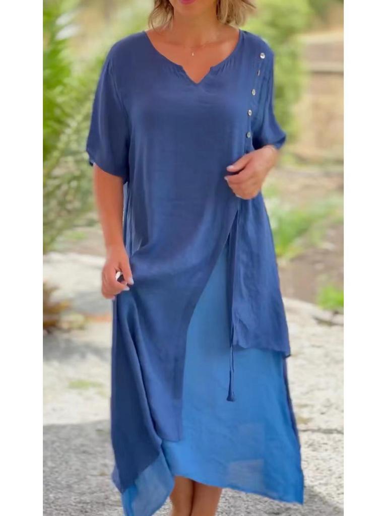 Europäisches & Amerikanisches Damen Asymmetrisches V-Ausschnitt Kurzarmkleid - Sommermode