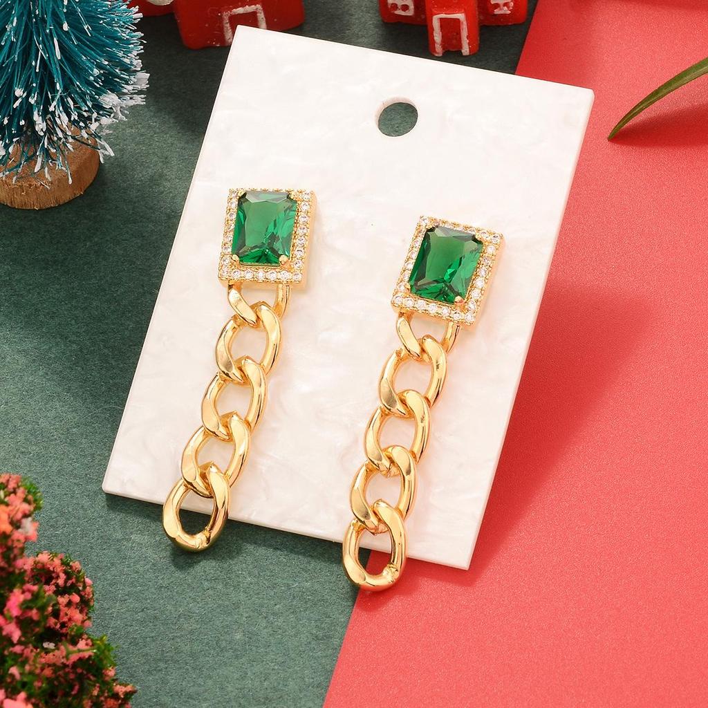Emerald Zircon Gold-Plated Copper Vintage Earrings - European & American Christmas Edition