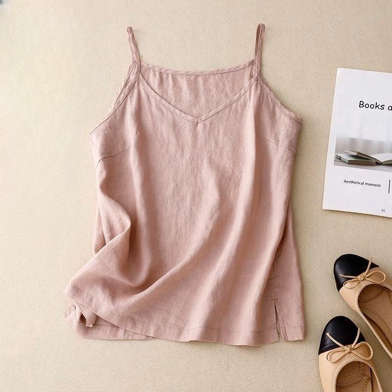 

women s V‑Neck Linen Camisole Tank Top Loose Thin Inner Wear Sleeveless Casual Summer Basic Blouse Top 3XL рожевий