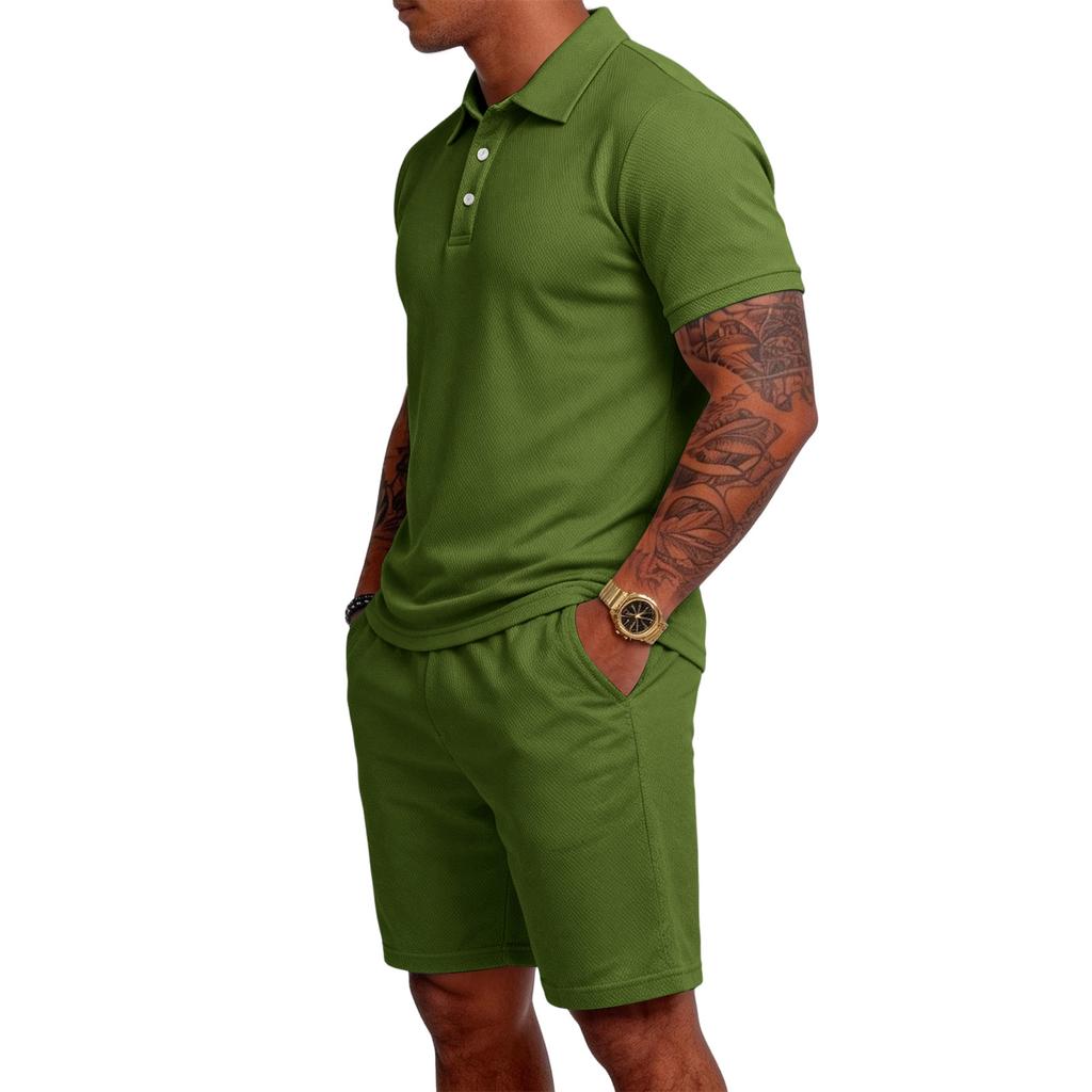 Men Short Sleeve Polo Shirt and Shorts Set Casual Two Piece Outfits Button Down Collar Top and Elastic Waist Bottoms for Daily Wear