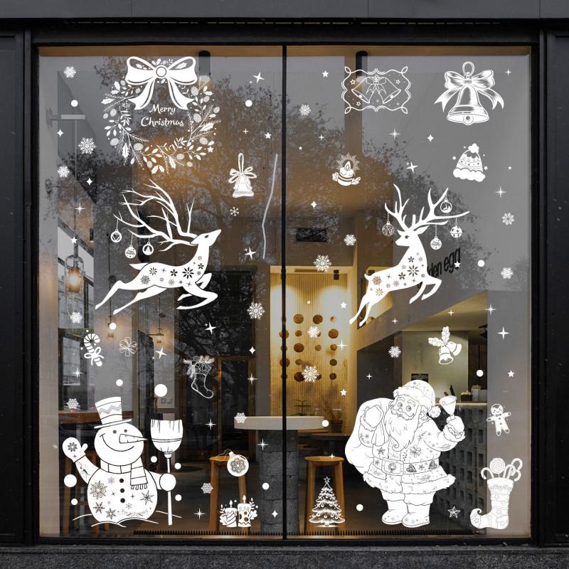 5pcs Christmas Static Cling Window Stickers, White PVC 20cm x 30cm Sheets with Santa Reindeer Snowman & Snowflakes