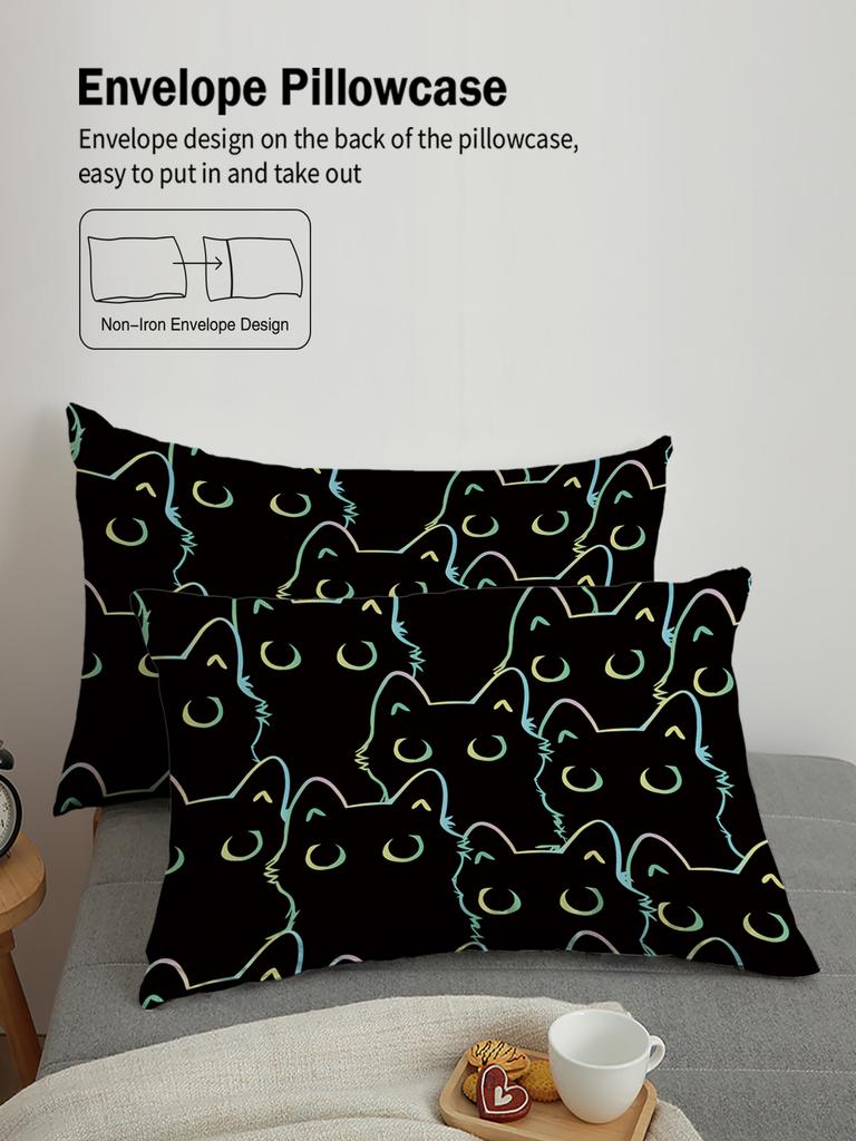 3 st Påslakanset King Size, Tecknat Svart Kattmönster Tryck, Mjukt, Bekvämt och Andningsbart, Sängkläder för Sovrum, Hotell