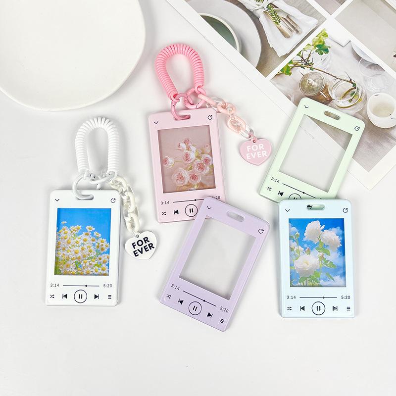 Music Player ID Card Holder with Spring Rope Heart Charm for Women Girls Kid Colorful Bus Subway Credit Card Protector Shell