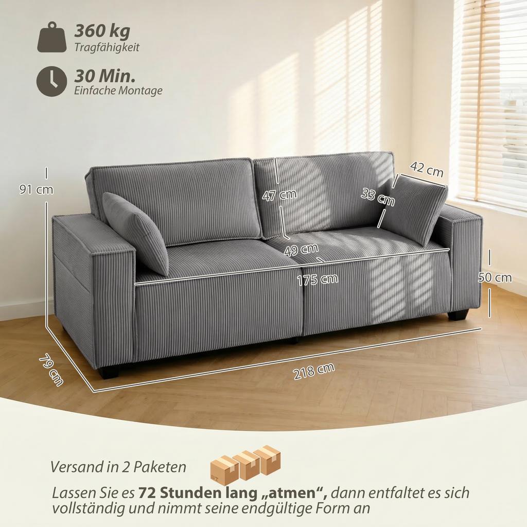 218 cm 3-Seater Sofa, Modern Corduroy Sofa with Pocket Spring Upholstery, Wide Armrests and 2 Cushions, Light Grey