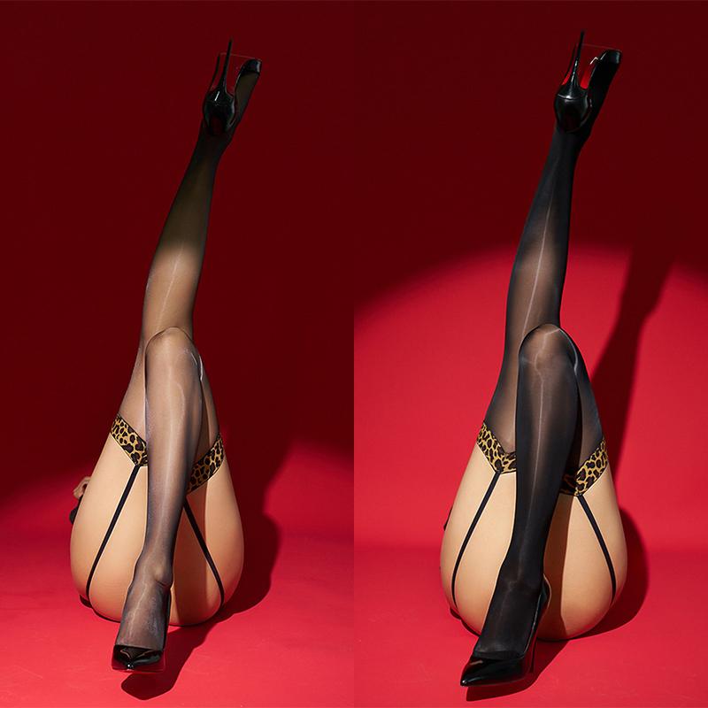 Sexy Leopard Print Oil Shiny Suspender Stockings Crotchless Shimmery Garters Belt Tights Women Horse Oil Long Leg Hosiery