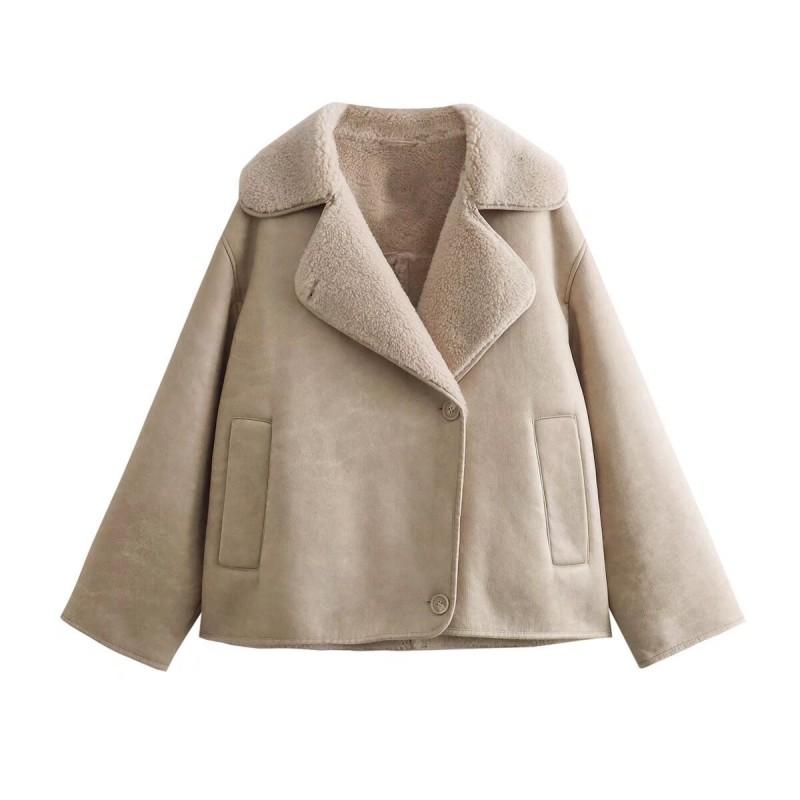 Womens Fall Winter Casual Versatile 3-color Fleece Collar Jacket Coat