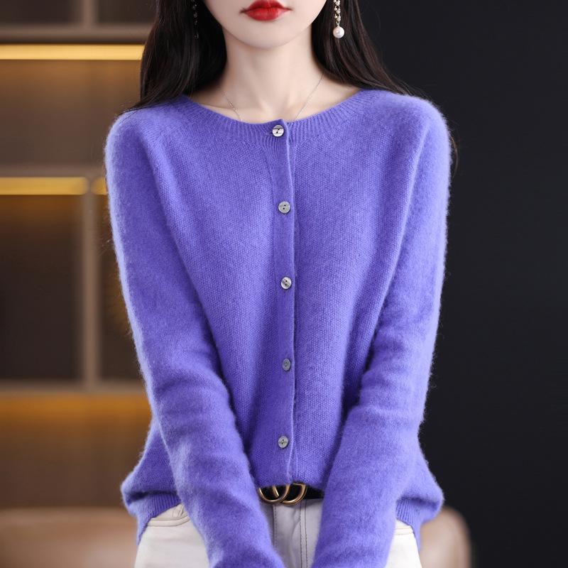 Women's Round Neck Pure Wool Cardigan - Versatile Loose Fit Solid Color Sweater for Spring and Autumn