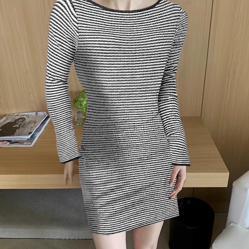 

ZANZEA Autumn Women O-neck Long Sleeve Striped Slim Knitted Bodycon Dress XL чёрный