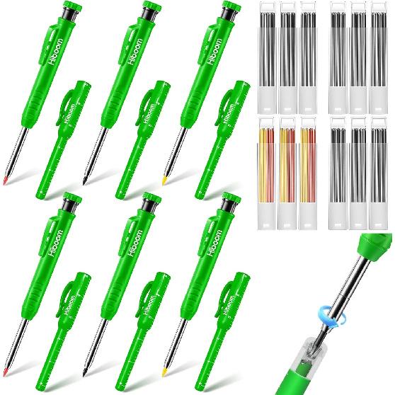 Hiboom 6 Pack Solid Carpenter Pencils Mechanical Construction Pencils with 72 Pcs 2.8 mm Lead Refills Pencil Cap Built In Sharpener Woodworking