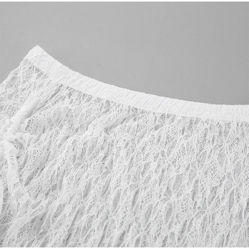 Spring and Summer Fashionable and Sexy 2-Piece Temperament Transparent Satin Lace Long Sleeved Top and Low Waist Skirt Set