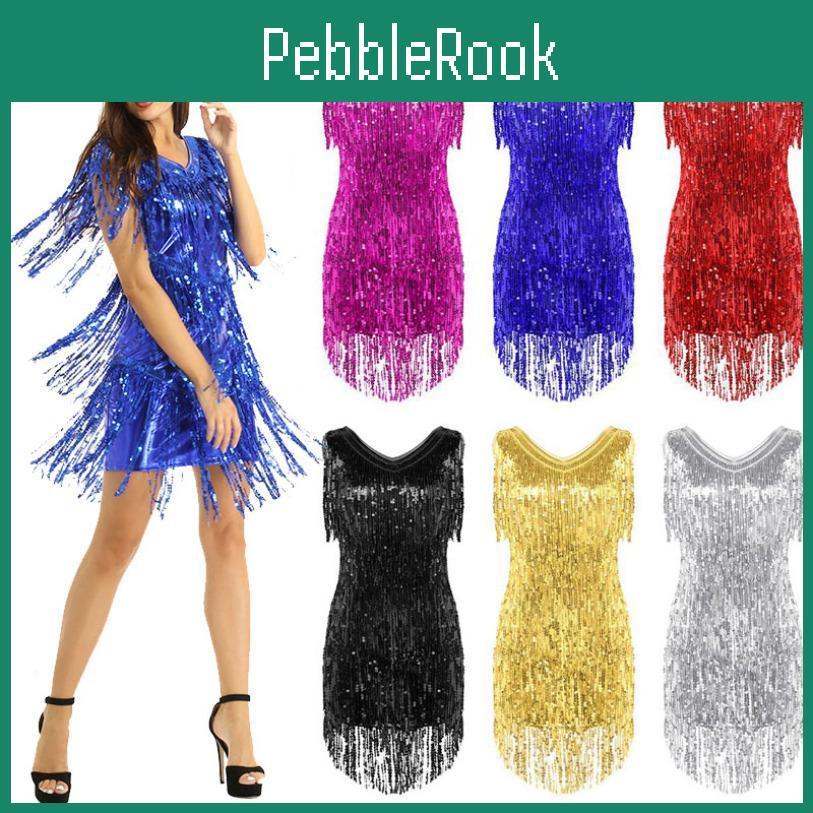 Sparkling V Ladies Neck Sleeveless Sequin Tassels Ballroom Samba Tango Latin Dance Dress