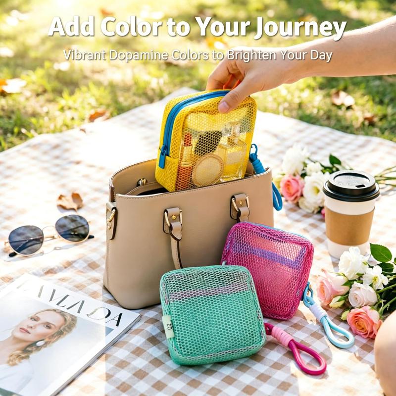 4Pcs Small Mesh Beach Pouch Clear Cosmetic Bag With Detachable Wrist Strap Travel Organizer For Sunscreen Keys Cables