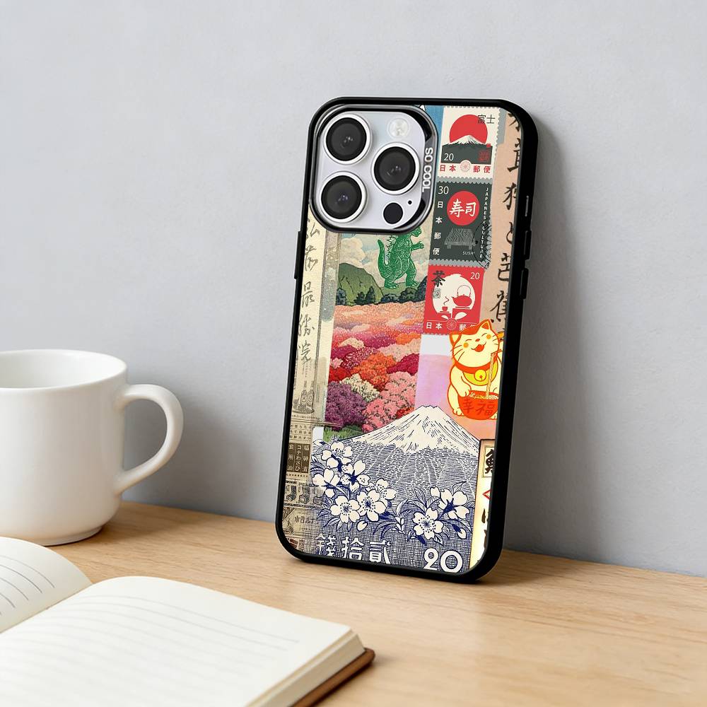 

Retro Collage Japanese Style Pattern Phone Case For iPhone 17,16,15,14,13,12,11 Plus,XS,Colorful Silver Phone case Funda Cover iPhone16