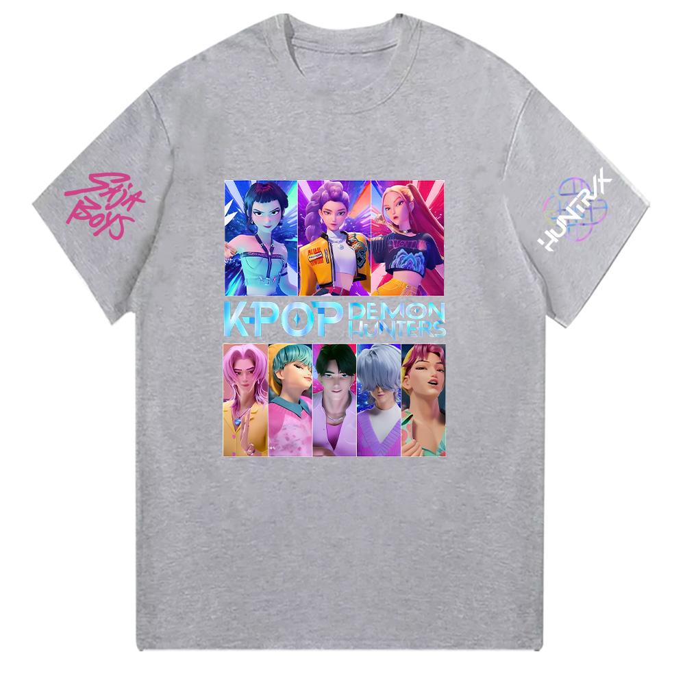 

Kpop Охотники на демонов HUNTRIX Saja Футболки для мальчиков и девочек с круглым вырезом Повседневные женские летние футболки Хлопковая футболка Высокого качества Одежда Y2K XS серый