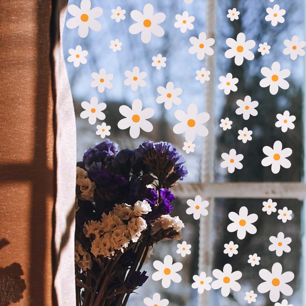6Sheets/72Pcs/Set PVC Daisy Window Stickers Double Sided Waterproof Flower Wall Stickers Spring Style White Glass Stickers