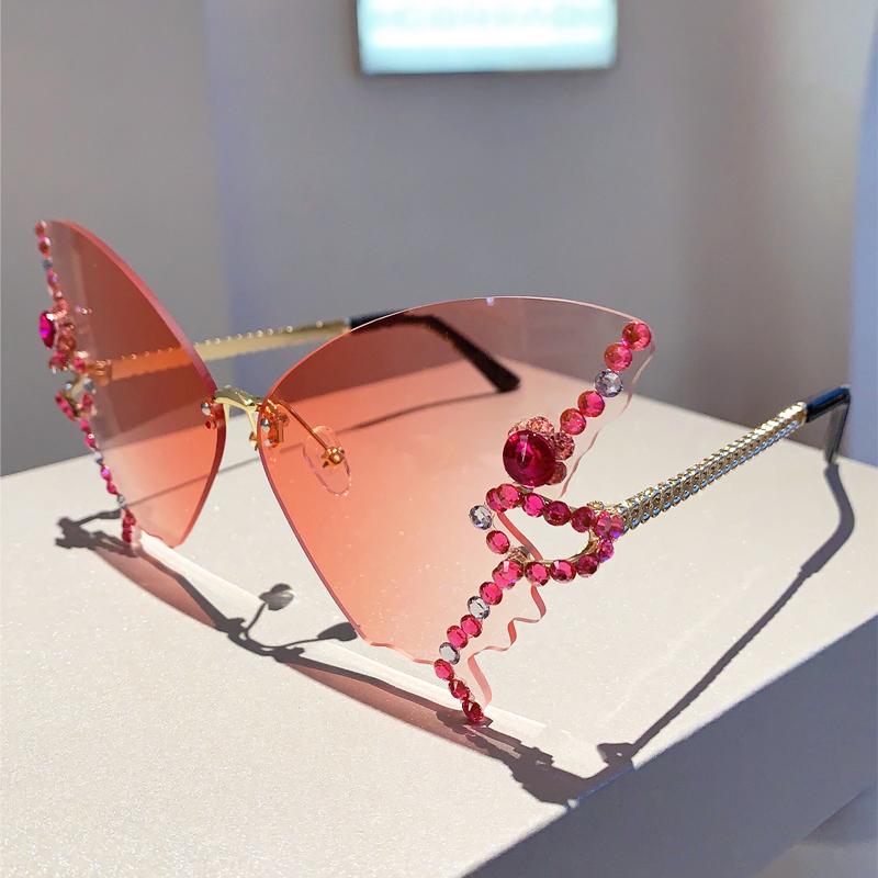 Rimless Butterfly Sunglasses with Rhinestones  New Gradient Multicolor Women Shades Trendy Oversized Party Eyewear