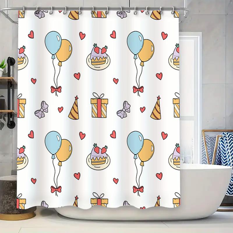 

Delightful Celebration Shower Curtain Cheerful Balloons Gift Boxes Pattern Decor For Bathroom Vivid Print Waterproof Fabric Bath W60H190(CM)-1 Pcs