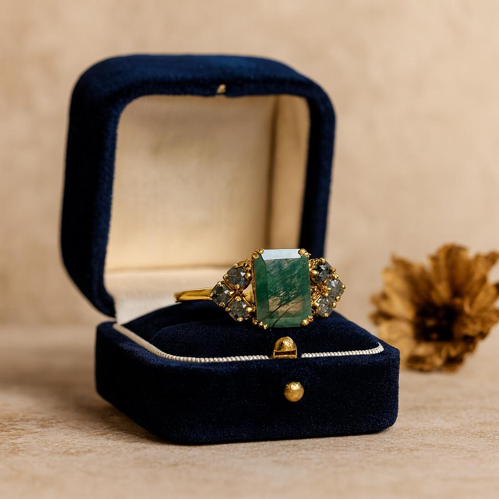 Emerald Cut Moss Agate Engagement Ring – Yellow Gold Plated Vintage Art Deco Gemstone Ring, Wedding Anniversary Promise Gift for Women