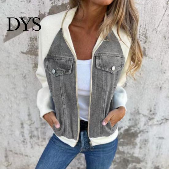 Women Outerwear Fall Winter Jacket Color Matching Zip-up Pockets Cardigan Long Sleeves Chest Flap Pocket Patchwork Raglan Shoulder Turn-down