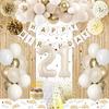 21st Birthday Decorations for Her, Happy 21st Bday Decorations White and Gold Balloons Happy Birthday Banner Tablecloth Fringe Curtain Cake Topper