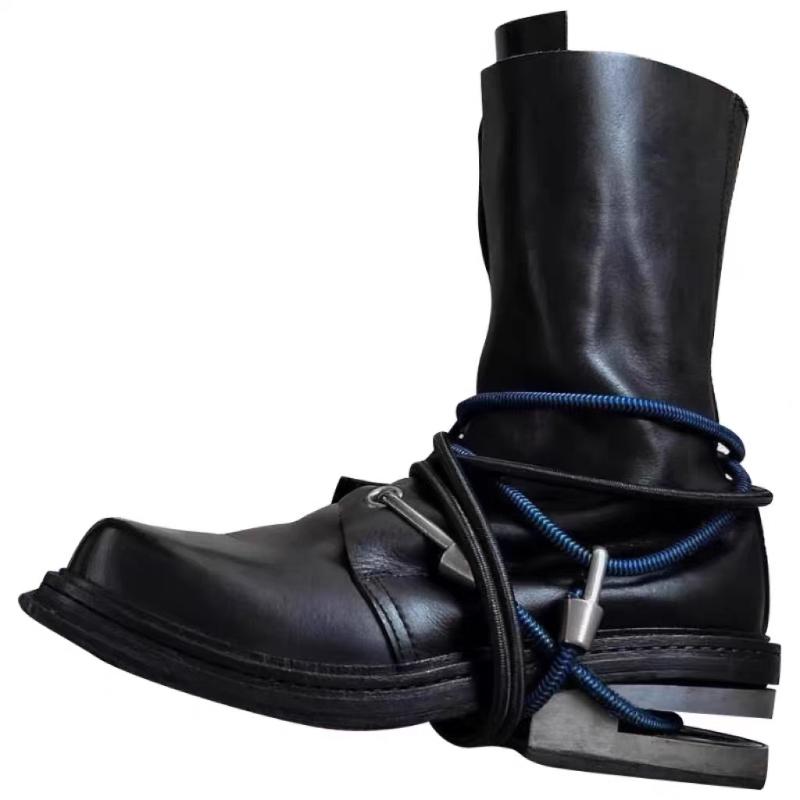 Fashion Men's Genuine Leather Motorcycle Boots Strange Metal Chunky Heel Mid-Calf Round Toe Elastic Band Western Boots Women